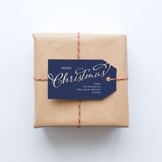 Vrolijk Kerstmis Kalligrafie Script Navy Blauw Pla Cadeaulabel