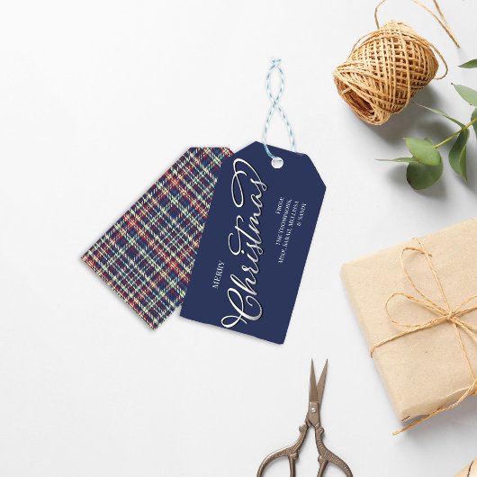 Vrolijk Kerstmis Kalligrafie Script Navy Blauw Pla Cadeaulabel