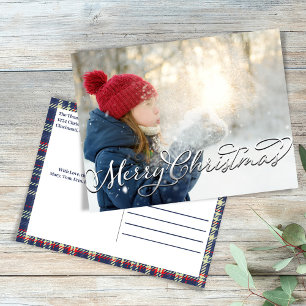 Vrolijk Kerstmis Kalligrafie Script Navy Blauw Pla Feestdagenkaart