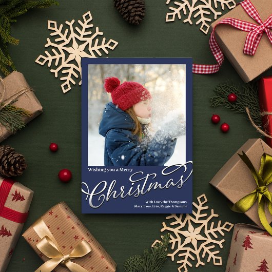 Vrolijk Kerstmis Kalligrafie Script Navy Blauw Pla Feestdagenkaart