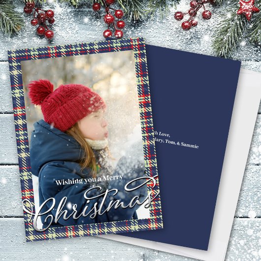 Vrolijk Kerstmis Kalligrafie Script Navy Blauw Pla Feestdagenkaart