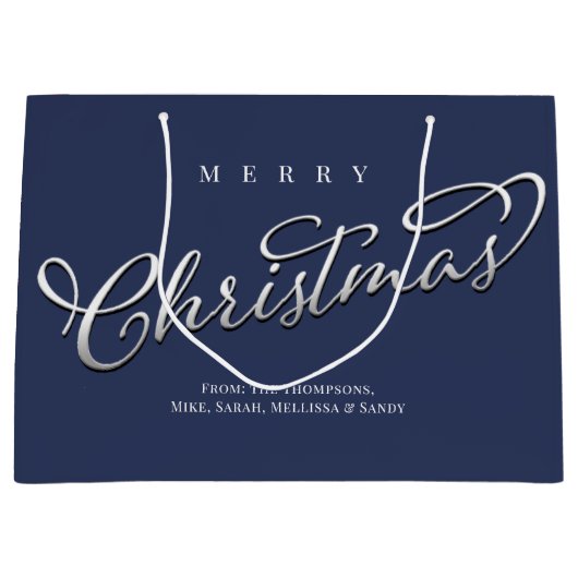 Vrolijk Kerstmis Kalligrafie Script Navy Blauw Pla Groot Cadeauzakje (Voorkant)