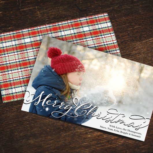 Vrolijk Kerstmis Kalligrafie Script Red Plaid Feestdagenkaart