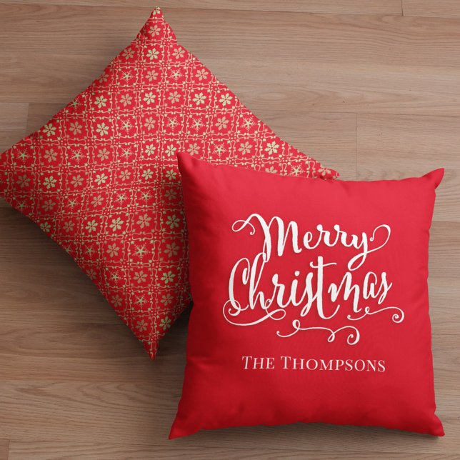 Vrolijk Kerstmis Kalligrafie Script Rode Sneeuwvlo Kussen (Merry Christmas calligraphy script red snowflake throw pillow)