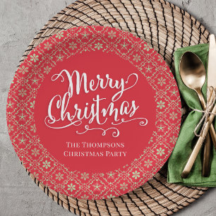 Vrolijk Kerstmis Kalligrafie Script Rode Sneeuwvlo Papieren Bordje