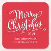 Vrolijk Kerstmis Kalligrafie Script Schattige Red  Kartonnen Onderzetters (Voorkant)