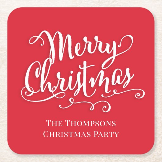 Vrolijk Kerstmis Kalligrafie Script Schattige Red Kartonnen Onderzetters (Voorkant)