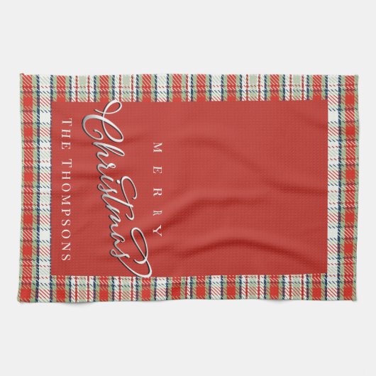 Vrolijk Kerstmis Kalligrafie Script Schattige Rood Theedoek (Horizontaal)