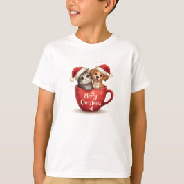 Vrolijk Kerstmis Kat en Hond in Mok T-shirt, Cute T-shirt