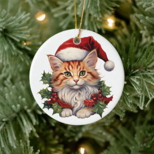 Vrolijk Kerstmis Kat Kitten in Santa Hat en Holly Keramisch Ornament