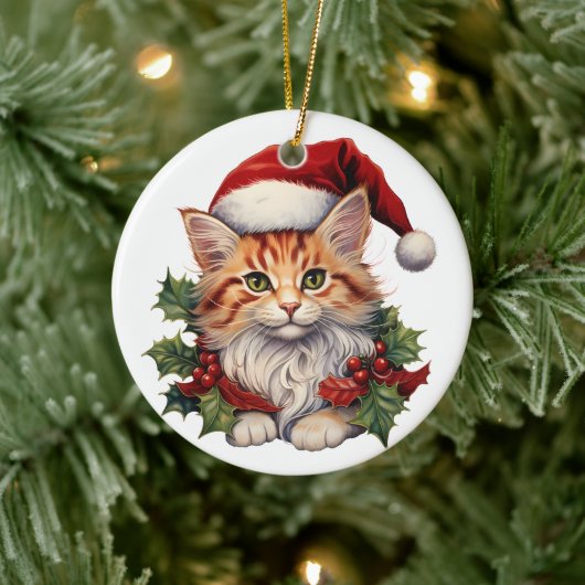 Vrolijk Kerstmis Kat Kitten in Santa Hat en Holly Keramisch Ornament (Boom)