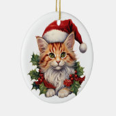 Vrolijk Kerstmis Kat Kitten in Santa Hat en Holly Keramisch Ornament (Rechts)