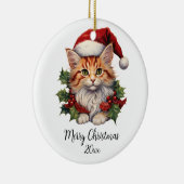 Vrolijk Kerstmis Kat Kitten Santa Hoed Holly Custo Keramisch Ornament (Rechts)