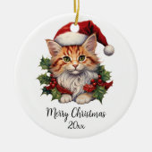 Vrolijk Kerstmis Kat Kitten Santa Hoed Holly Custo Keramisch Ornament (Voorkant)