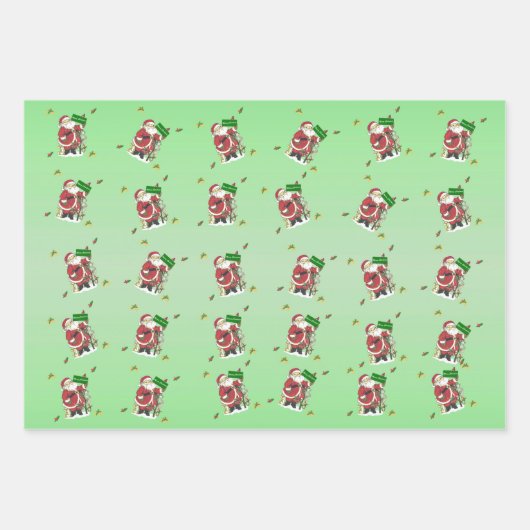 Vrolijk Kerstmis Kerstman Dieren Bogen Groen Inpakpapier Vel (Voorkant)