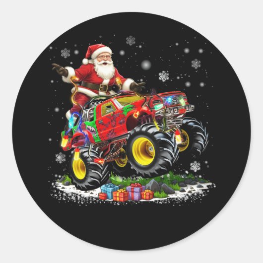 Vrolijk Kerstmis Kerstman Rijden Monster Truck F Ronde Sticker (Voorkant)