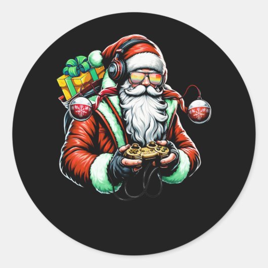 Vrolijk Kerstmis Kerstman Spelen Video Game Gamer  Ronde Sticker (Voorkant)