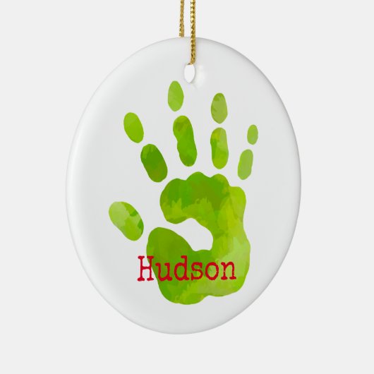 Vrolijk Kerstmis Kind Handafdruk Groene NAAM Rood  Keramisch Ornament (Rechts)