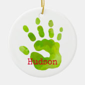 Vrolijk Kerstmis Kind Handafdruk Groene NAAM Rood  Keramisch Ornament (Voorkant)
