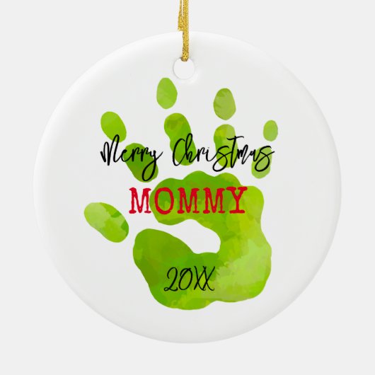 Vrolijk Kerstmis Kind Handafdruk Groene NAAM Rood  Keramisch Ornament (Achterkant)