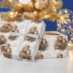 Vrolijk Kerstmis  Kind met Vogel Cadeaupapier