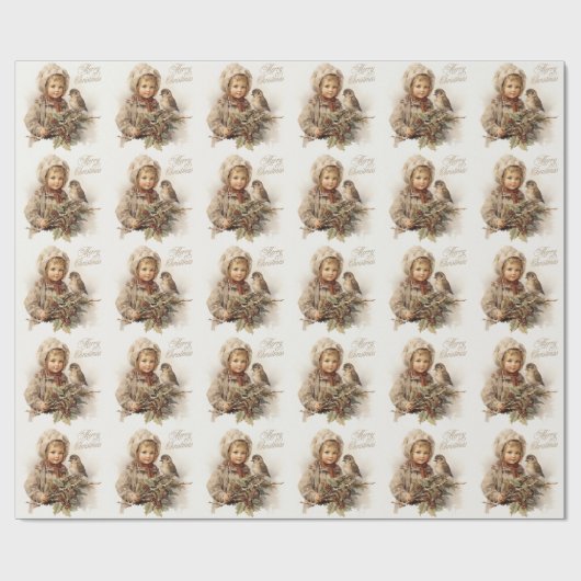 Vrolijk Kerstmis  Kind met Vogel Cadeaupapier (Vlak)