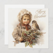 Vrolijk Kerstmis  Kind met Vogel Feestdagenkaart (Voorkant / Achterkant)