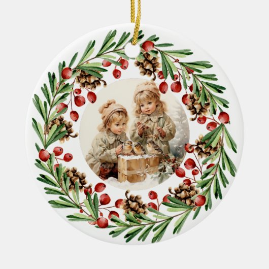 Vrolijk Kerstmis  Kind met Vogel Keramisch Ornament (Voorkant)