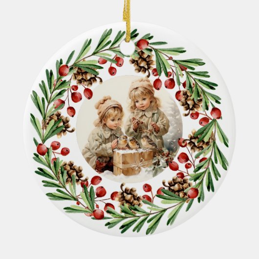 Vrolijk Kerstmis  Kind met Vogel Keramisch Ornament (Achterkant)