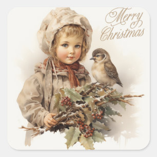 Vrolijk Kerstmis  Kind met Vogel Vierkante Sticker