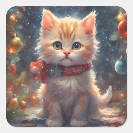 Vrolijk Kerstmis Kitty Kat, Vakantie Kitten, Huisd Vierkante Sticker (Voorkant)