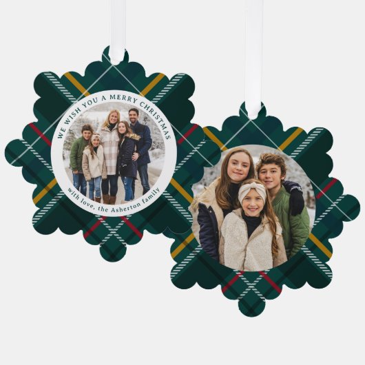 Vrolijk Kerstmis klassiek groen plaid twee foto Ornament Kaart (Voorkant / Achterkant)