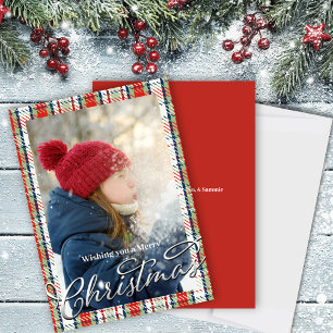 Vrolijk Kerstmis Klassieke Kalligrafie Rood Plaid Feestdagenkaart