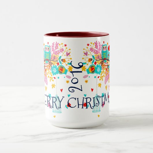 Vrolijk Kerstmis Kleurrijke uilen & Bloemen Mok (Midden)