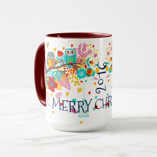 Vrolijk Kerstmis Kleurrijke uilen & Bloemen Mok (Voorkant links)