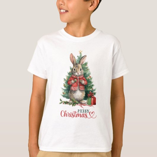 Vrolijk Kerstmis Konijn Boom Decoreren T-shirt (Voorkant)