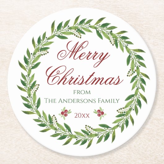 Vrolijk Kerstmis krans familie Ronde Kartonnen Onderzetter (Voorkant)