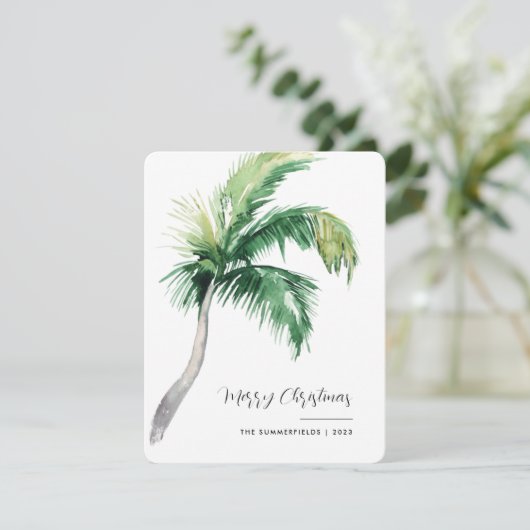 Vrolijk Kerstmis Kustpalm Boom Script Feestdagenkaart (Staand voorkant)