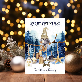 Vrolijk Kerstmis Lady Gnome op Blauw Bos Feestdagenkaart