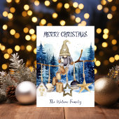 Vrolijk Kerstmis Lady Gnome op Blauw Bos Feestdagenkaart