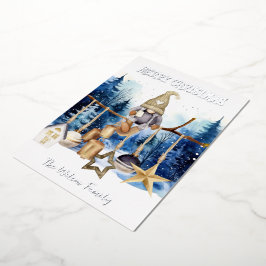 Vrolijk Kerstmis Lady Gnome op Blauw Bos Folie Feestdagenkaart