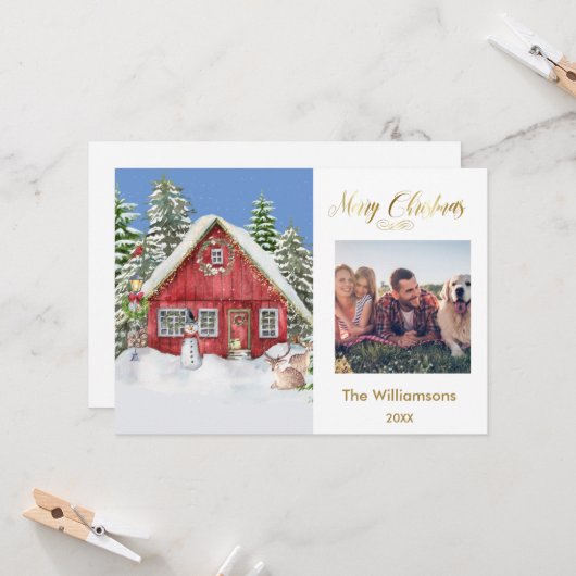Vrolijk Kerstmis Land Scène Familie Foto Kaart (Voorkant / Achterkant in situ)