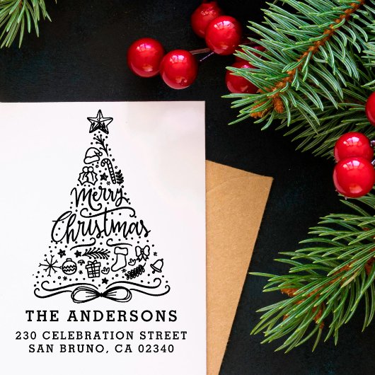 Vrolijk Kerstmis Lettering Naam & Terugkeeradres Rubberstempel