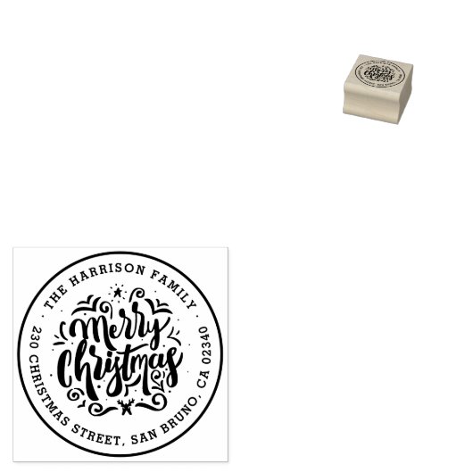 Vrolijk Kerstmis Lettering Naam & Terugkeeradres Rubberstempel (Gestempeld)