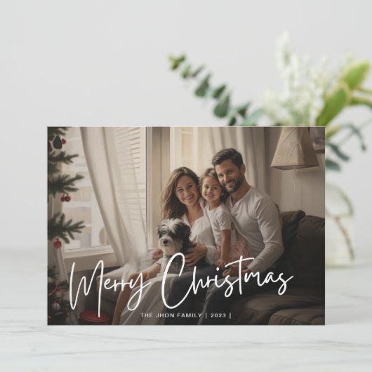 Vrolijk Kerstmis Leuk Familie Foto Chique Rood Feestdagenkaart (Staand voorkant)