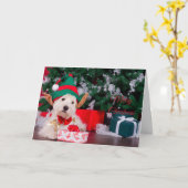 Vrolijk Kerstmis Leuke Puppy in Elf Kostuum Kaart (Gele Bloem)