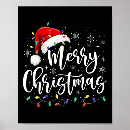 Vrolijk Kerstmis Lichten Rode Kerstman Hoed Xmas F Poster (Voorkant)