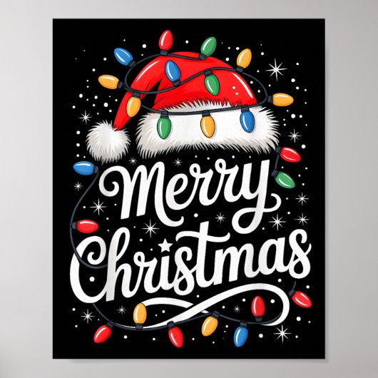 Vrolijk Kerstmis Lichten Rode Kerstman Hoed Xmas F Poster (Voorkant)
