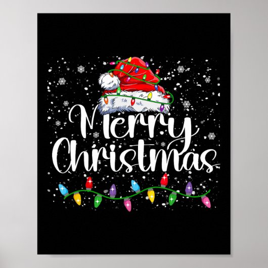 Vrolijk Kerstmis Lichten Rode Kerstman Hoed Xmas F Poster (Voorkant)