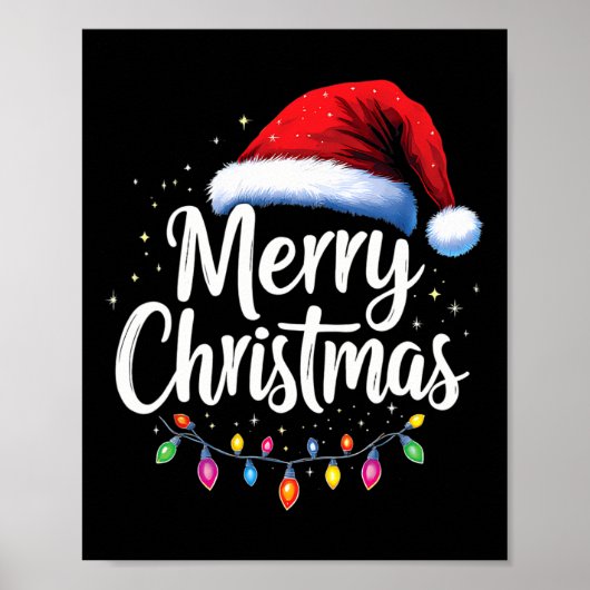 Vrolijk Kerstmis Lichten Rode Kerstman Hoed Xmas F Poster (Voorkant)